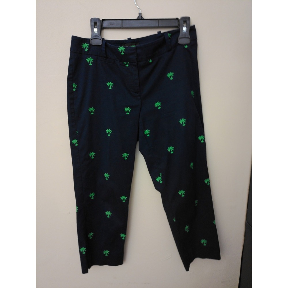 Talbots Capri Pants Womens 4P Navy Blue Palm Tree Embroidered Coastal Beachy
